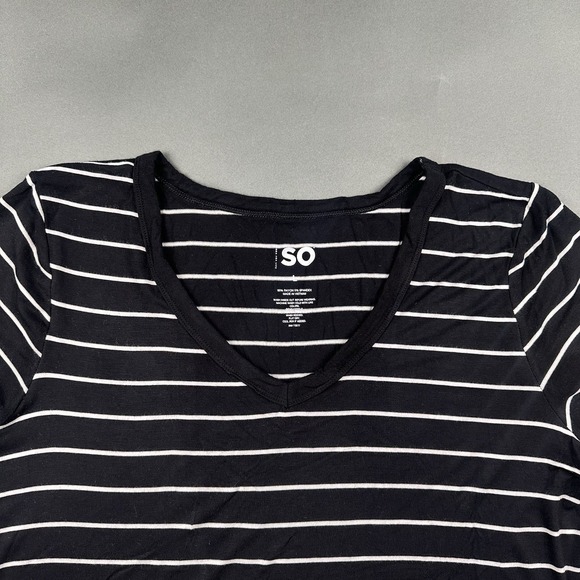 SO Tops - SO Goods For Life Black White Stripes Women's Large V-Neck Short Sleeve T-shirt